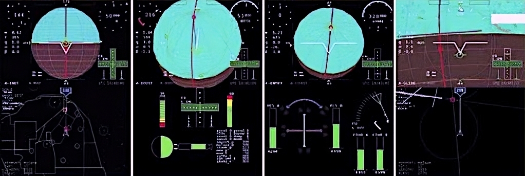 SpaceShipOne FDD graphics. From left to right, modes of flight: drop, boost, coast/reentry and glide.